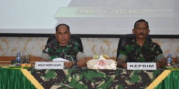 Rapat Anggota Tahunan Tutup Buku Tahun 2022 Primer Kartika Garuda Putih, di Balai Prajurit Korem 042/Gapu, Jalan Jenderal Urip Sumoharjo, Kelurahan Sungai Putri, Kecamatan Danau Sipin, Kota Jambi, Selasa (24/1/2023). [Dok Penrem 042Gapu/Hatta]