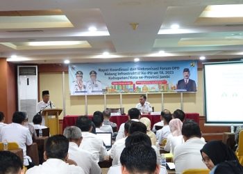 Wakil Gubernur Jambi, Abdullah Sani, saat memeberikan kata sambutan dalam Rapat Koordinasi dan Sinkronisasi Forum Organisasi Perangkat Daerah Bidang Infrastruktur ke-PU-an Tahun Anggaran 2023, di Hotel Abadi Suite, Kota Jambi, Rabu (15/2/2023). [Foto Diskominfo Provinsi Jambi/Sopbirin]