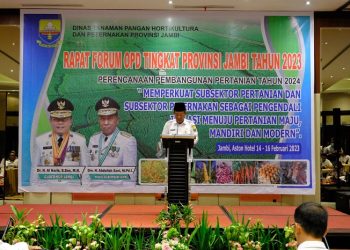 Wakil Gubernur Provinsi Jambi, Abdullah Sani, saat memberi kata sambutan dalam Rapat Forum Organisasi Perangkat Daerah Dinas Tanaman Pangan, Hortikultura, dan Peternakan Provinsi Jambi Tingkat Provinsi Tahun 2023 di Hotel Aston Jambi, Rabu (15/2/2023). [Foto Diskominfo Provinsi Jambi/Sopbirin]