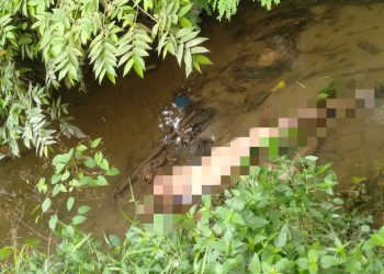 Mayat laki-laki berusia lanjut mengapung di dalam parit di pinggir Jalan RB. Siagian, Talang Bakung, Paal Merah, Kota Jambi, Rabu (8/3/2023). [Foto: Aurduri.com/Reza]