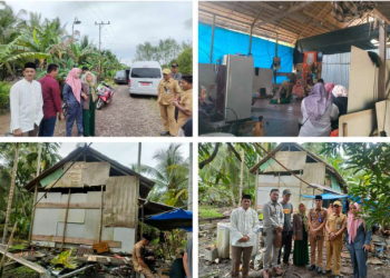 Ketua Komisi I yakni Harmah, S.Pd bersama punggawanya H Samsu, Ernawati dan H Kurnaini meninjau kondisi rumah Bapak Suryadi di Desa Kuala Lagan, Senin (27/03/2023). [Foto: Zabak.id/Ahmad Firdaus]