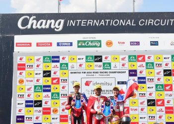 Rheza Danica Ahrens mempersembahkan podium tertinggi pada dua balapan kelas AP250 ARRC 2023 seri Buriram, Thailand yang diselenggarakan di Chang International Circuit, 25-26 Maret. [Foto: AHM]