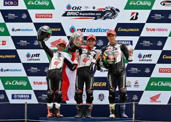 Pembalap muda binaan AHM naik podium pada ajang Thailand Talent Cup (TTC) 2023 di Chang International Circuit, Buriram, Thailand (9/4/23). [Dok. AHM]