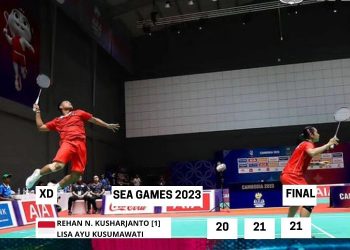 Ganda campuran Indonesia, Rehan Naufal Kusharjanto/Lisa Ayu Kusumawati, berhasil merebut medali emas Cabang Olahraga (Cabor) bulutangkis SEA Games 2023 Kamboja yang berlangsung di Morodok Techo Badminton Hall, Phnom Penh, pada Selasa (16/5/2023) siang WIB. [Foto: PBSI]