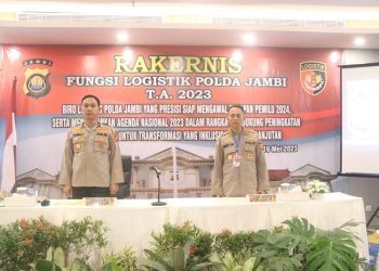 Irwasda Polda Jambi, Brigjen Pol. Raden Heru Prakoso membuka kegiatan Ramernis Biro Logistik Polda Jambi T.A 2023 di Aula Hotel Yellow, Selasa (16/05/2023). [Dok. Humas Polda Jambi]
