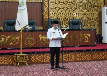 Gubernur Al Haris saat menyampaikan sambutan pada Rakerda LPTQ Provinsi Jambi Tahun 2023 di Ruang Pola Kantor Gubernur Jambi, Rabu (17/05/2023). [Foto: Diskominfo/Novriansah]