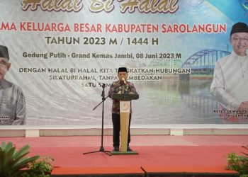 Al Haris saat menghadiri acara halal bihalal yang di selenggarakan oleh Perkasa Kota Jambi, Kamis (08/06/2023).[Foto: Diskominfo/Harun]