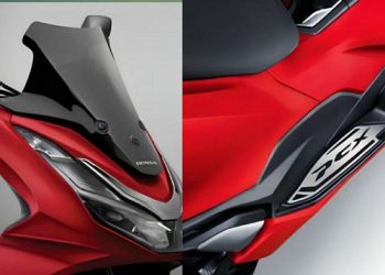 Aksesoris dan Apparel Resmi New Honda PCX160, High Windscreen (Kanan) dan Panel Step Floor (kiri). [Dok. Sinsen Jambi]