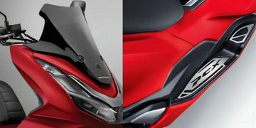 Aksesoris dan Apparel Resmi New Honda PCX160, High Windscreen (Kanan) dan Panel Step Floor (kiri). [Dok. Sinsen Jambi]