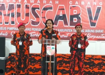 Suprayogi Saiful pada Muscab Pemuda Pancasila di Gedung PP Tanjabtim, Senin 28 Agustus 2023. [Foto: Latiful Ansori]