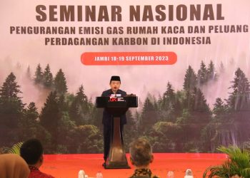 Seminar Nasional Pengurangan Emisi Gas Rumah Kaca dan Peluang Perdagangan Karbon di Indonesia, bertempat di Swiss-Belhotel Jambi, Senin (18/09/2023). [Foto: Diskominfo Provinsi Jambi/Agus Supriyanto]