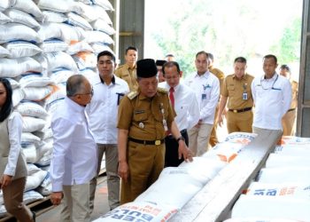 Wakil Gubernur Jambi, Abdullah Sani, saat melaunching Penyaluran Bantuan Pangan Cadangan Beras Pemerintah Tahun 2023 Tahap II di Komplek Pergudangan Bulog Pasir Putih, Kota Jambi, Senin (11/09/2023). [Foto: Diskominfo Provinsi Jambi/Sopbirin]