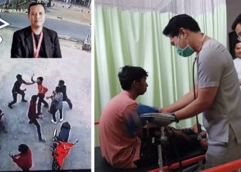 Aksi pengeroyokan Ketua DPC PJS Tanjabbar Provinsi Jambi, Selasa (10/10/2023) (insert: Ketua DPP PJS Div Pembelaan Wartawan, Ismail Abas).