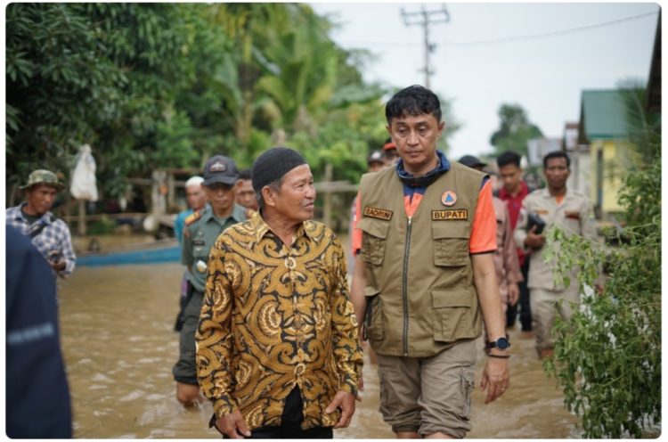 Pj Bupati Bachyuni saat meninjau lokasi banjir di Kecamatan Kumpeh. [Foto: Diskominfo Muaro Jambi]