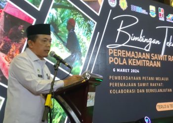 Gubernur pada Workshop Peremajaan Sawit Rakyat (PSR) Asosiasi Petani Kelapa Sawit PIR (ASPEKPIR) DPD I Jambi, bertempat di Ballroom Hotel BW Luxury Jambi, Rabu (06/03/2024). (Foto: Diskominfo/Ardi Susianto)