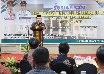 Sosialisasi Penyusunan Grand Design Pembangunan Kependudukan (GDPK) 5 Pilar Tingkat Provinsi Jambi Tahun 2025-2050, bertempat di Shang Ratu Hotel Jambi, Kamis (07/03/2024). [Foto: Diskominfo/Erict]