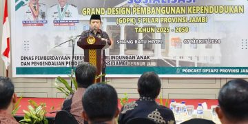 Sosialisasi Penyusunan Grand Design Pembangunan Kependudukan (GDPK) 5 Pilar Tingkat Provinsi Jambi Tahun 2025-2050, bertempat di Shang Ratu Hotel Jambi, Kamis (07/03/2024). [Foto: Diskominfo/Erict]